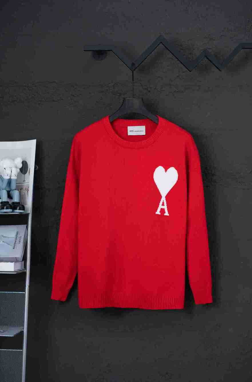 AMI Paris Bright Red Unisex White Heart‑A Crewneck Sweater